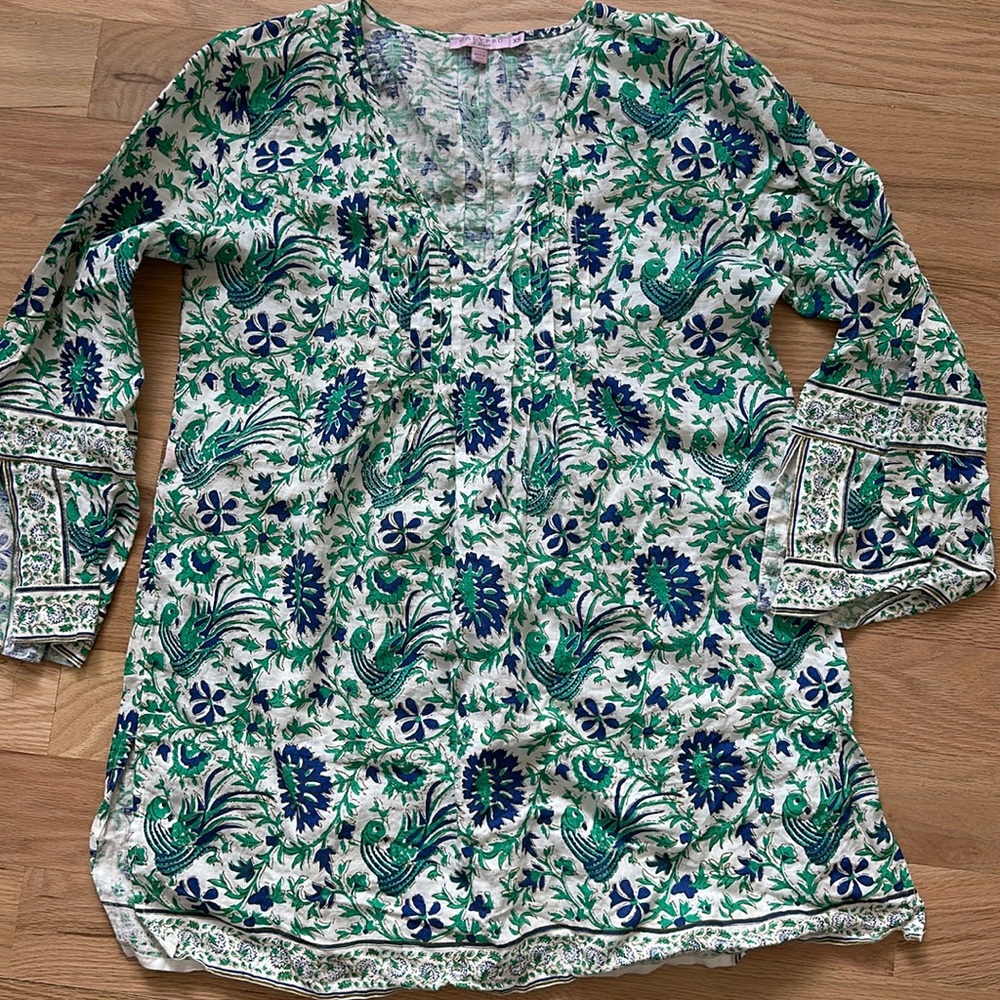 Calypso St. Barth beautiful 100% linen v-neck tunic, bell sleeves, women's XS